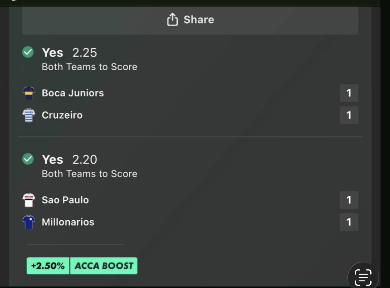BTTS double slip, Boca Juniors and Sao Paulo, 4.95 odds, £198 returned
