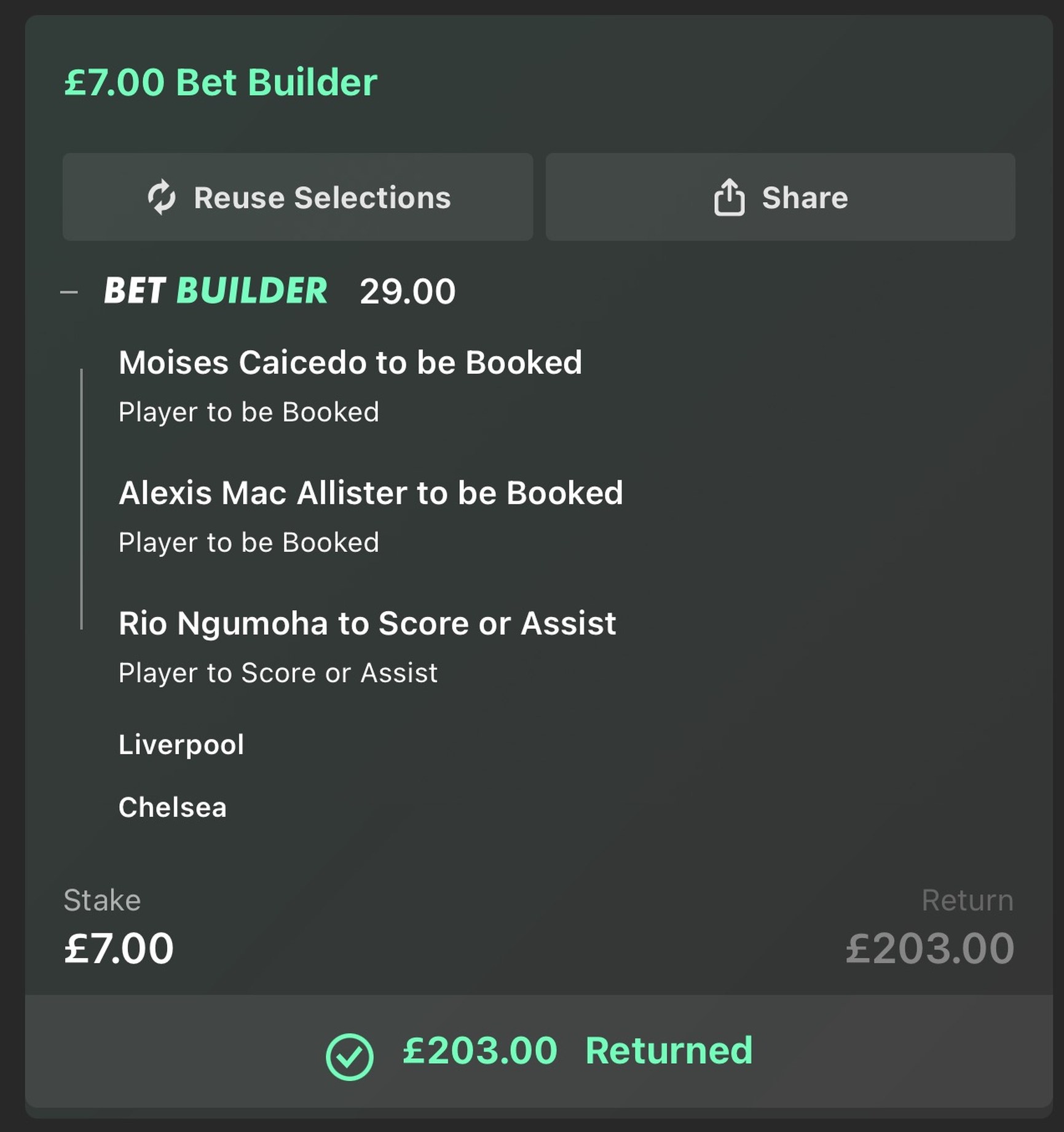 Bet Builder slip, Liverpool vs Chelsea, 29.00 odds, £203 returned
