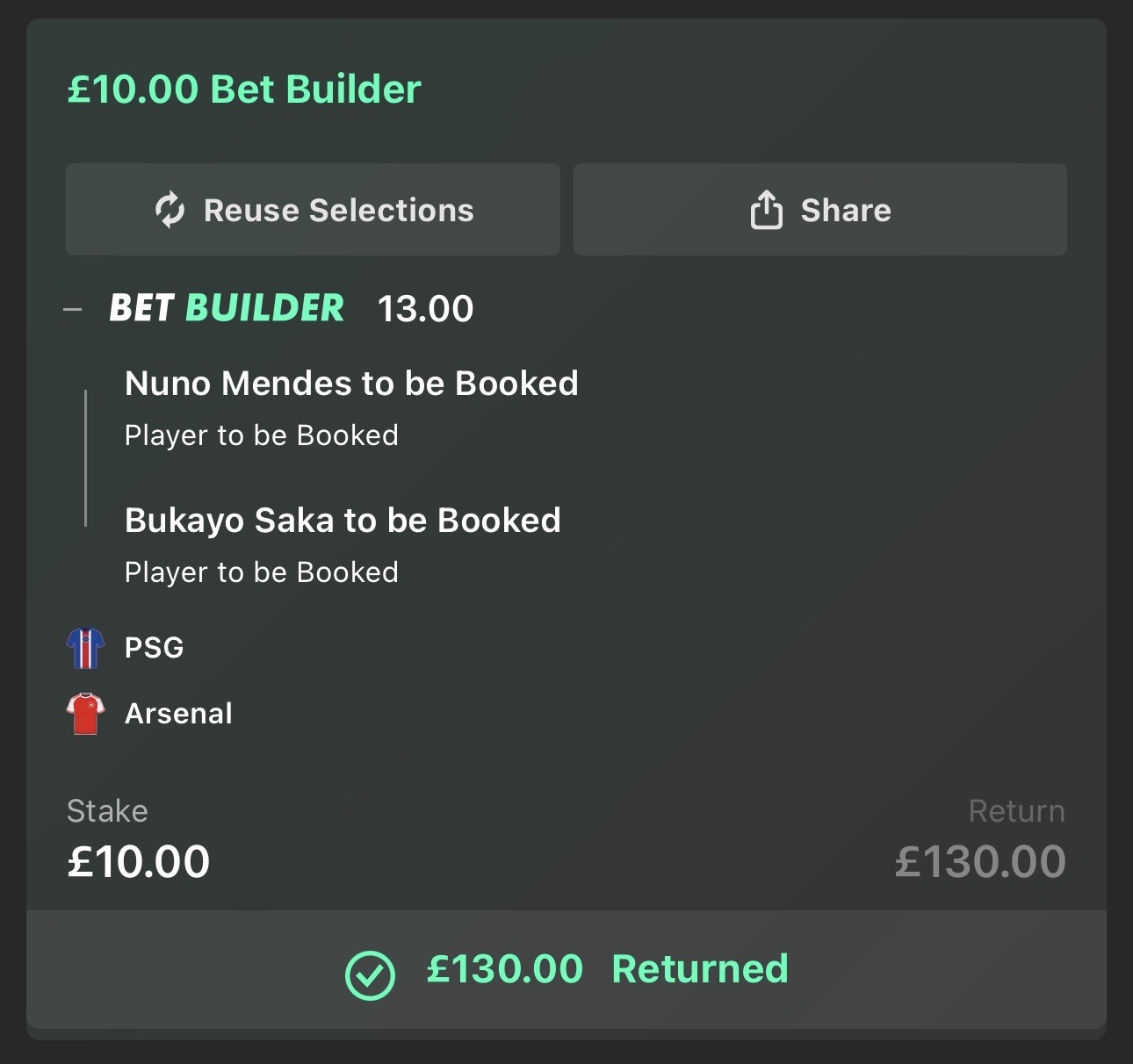 Bet Builder slip, PSG vs Arsenal, 13.00 odds, £130 returned