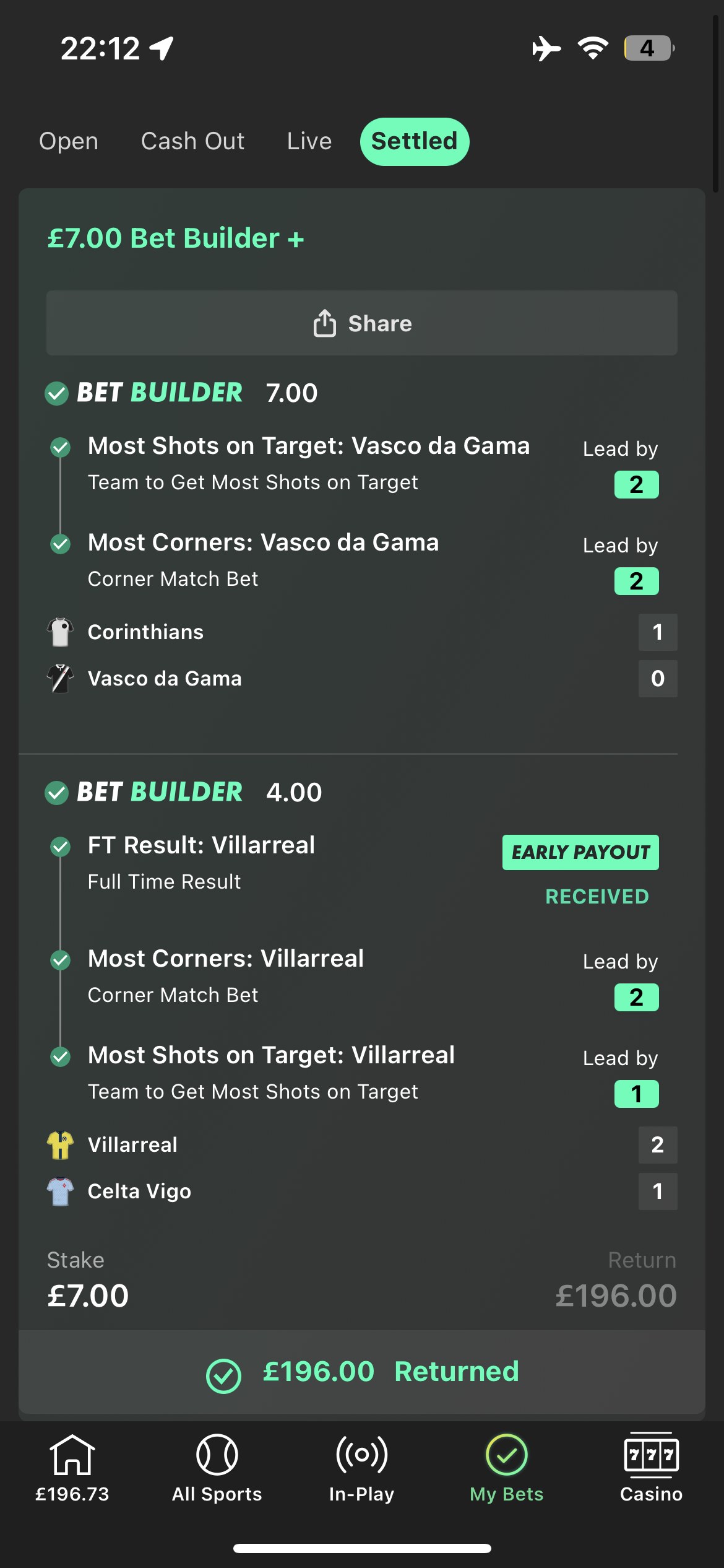 Double builder slip, Vasco da Gama and Villarreal, 28.00 odds, £196 returned