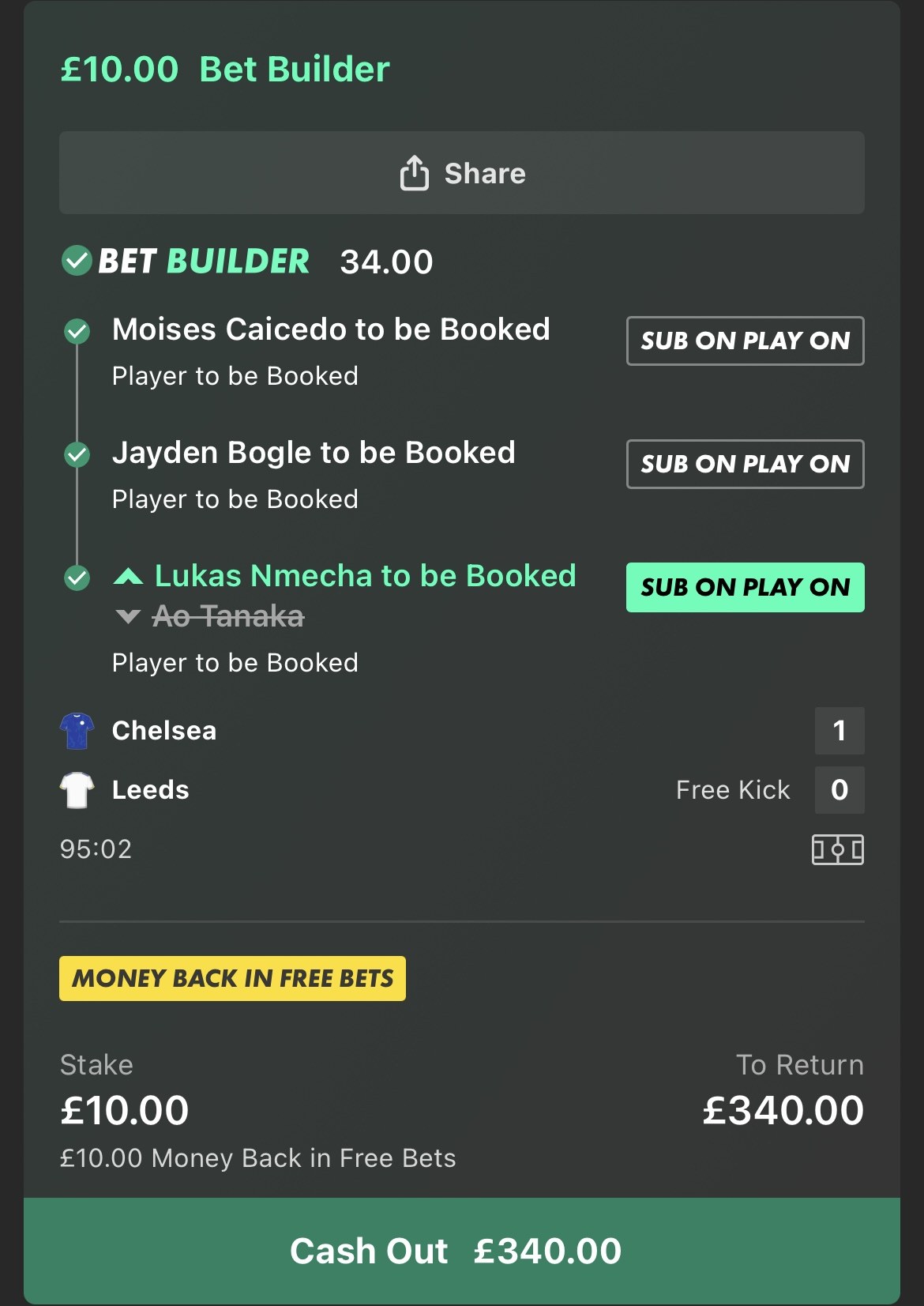 Bet Builder slip, Chelsea vs Leeds, 34.00 odds, £340 returned