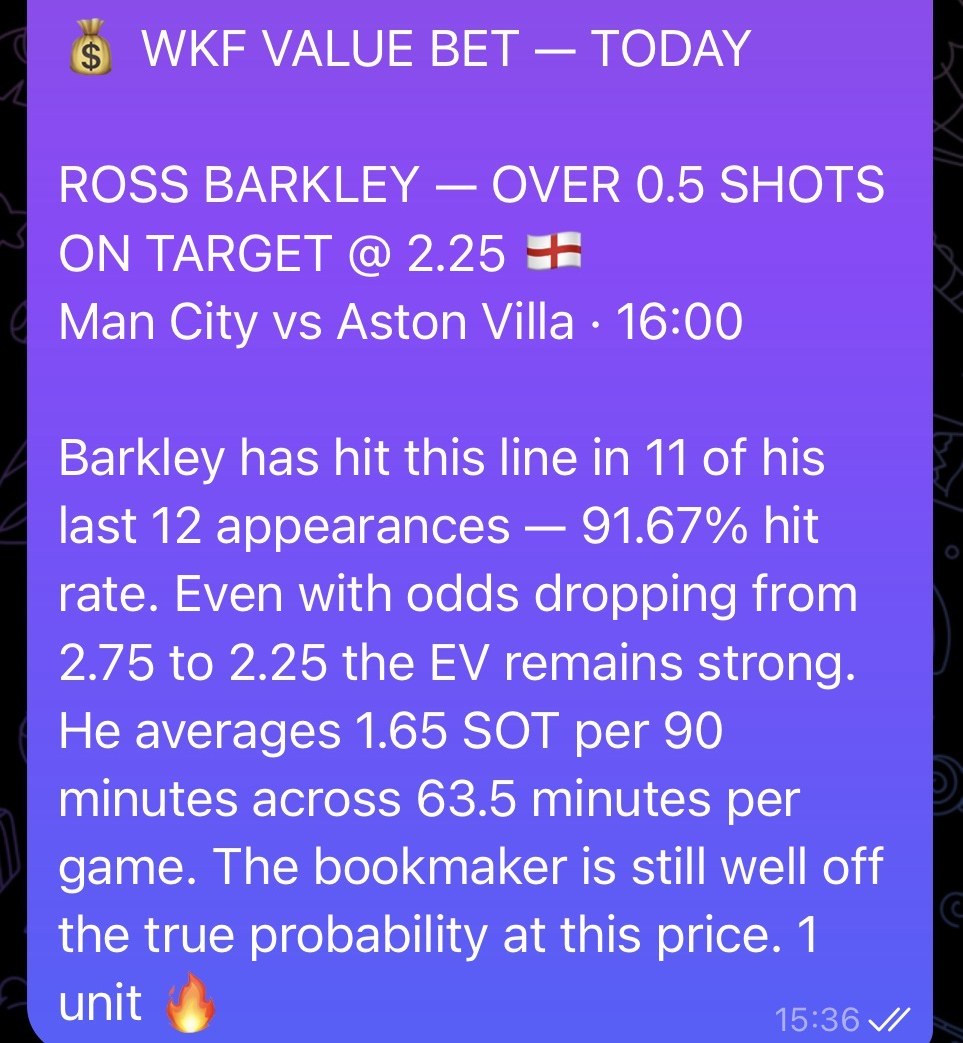 AI value bet message, Ross Barkley over 0.5 shots on target