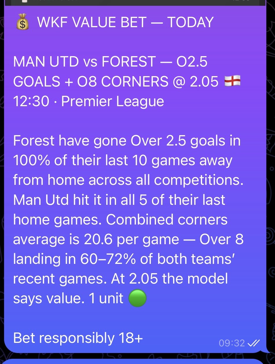 AI value bet message, Man Utd vs Forest over 2.5 goals and over 8 corners