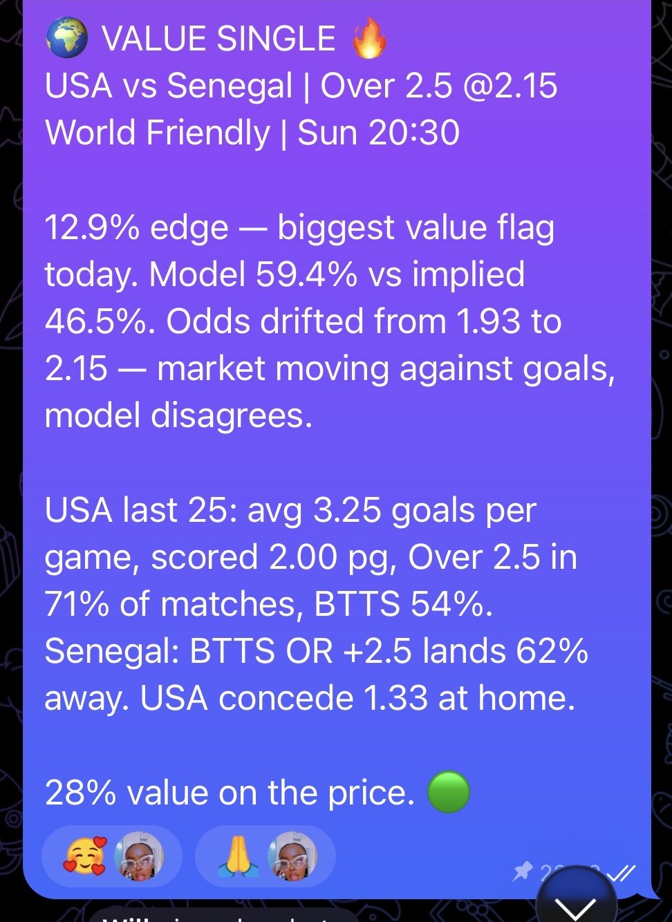 AI value bet message, USA vs Senegal over 2.5 goals