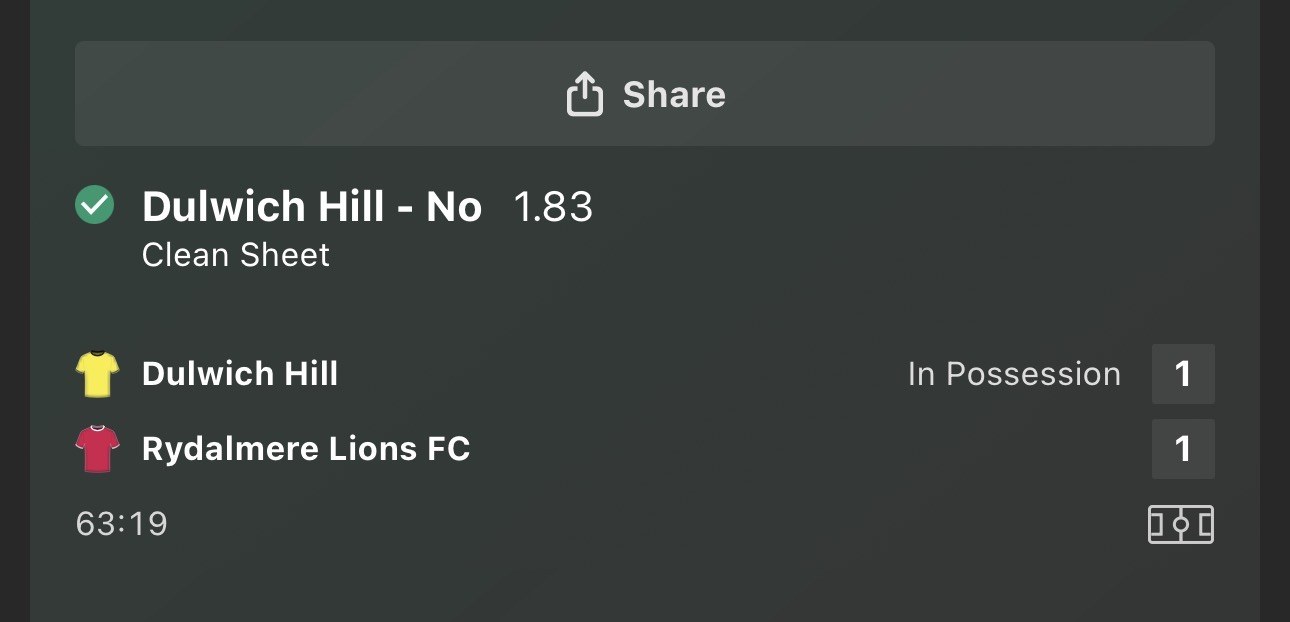 Settled in-play result, Dulwich Hill no clean sheet, 1.83 odds, won