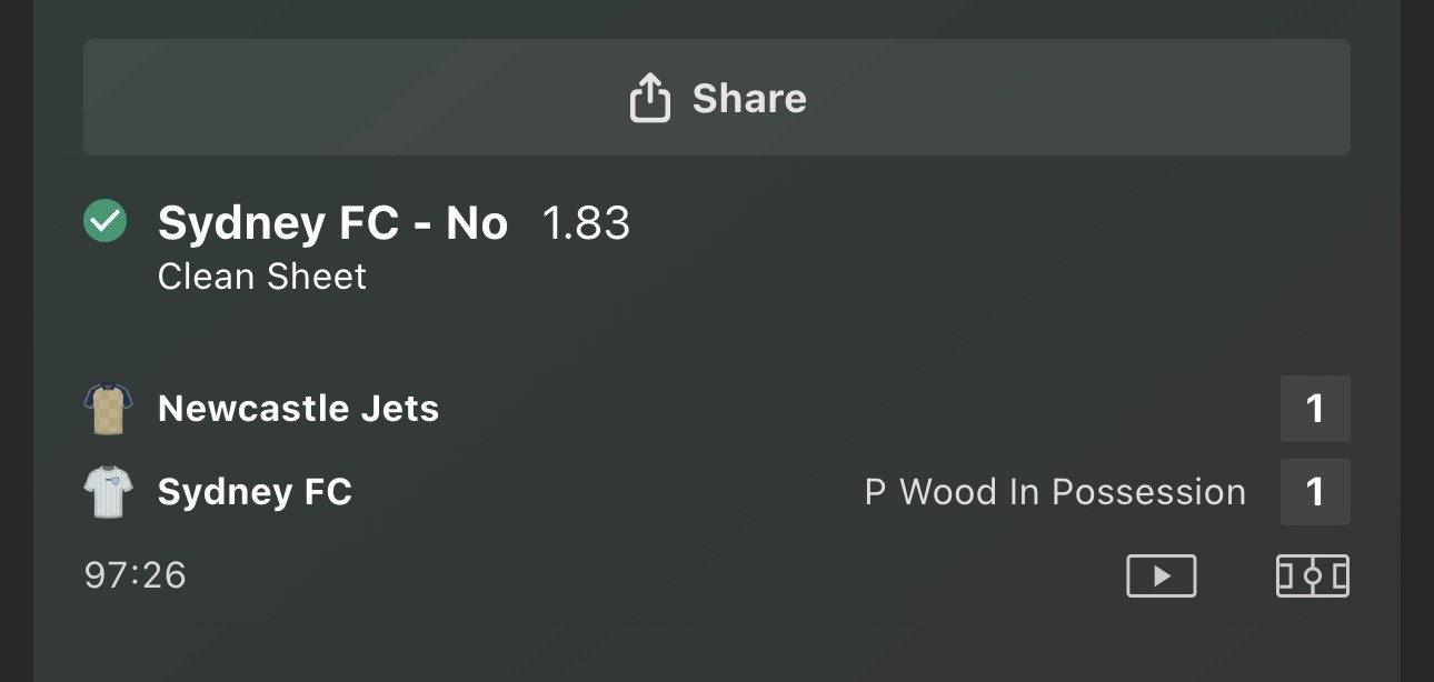 Settled in-play result, Sydney FC no clean sheet, 1.83 odds, won