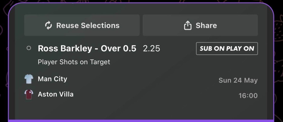 Value bet slip, Ross Barkley over 0.5 shots on target, 2.25 odds