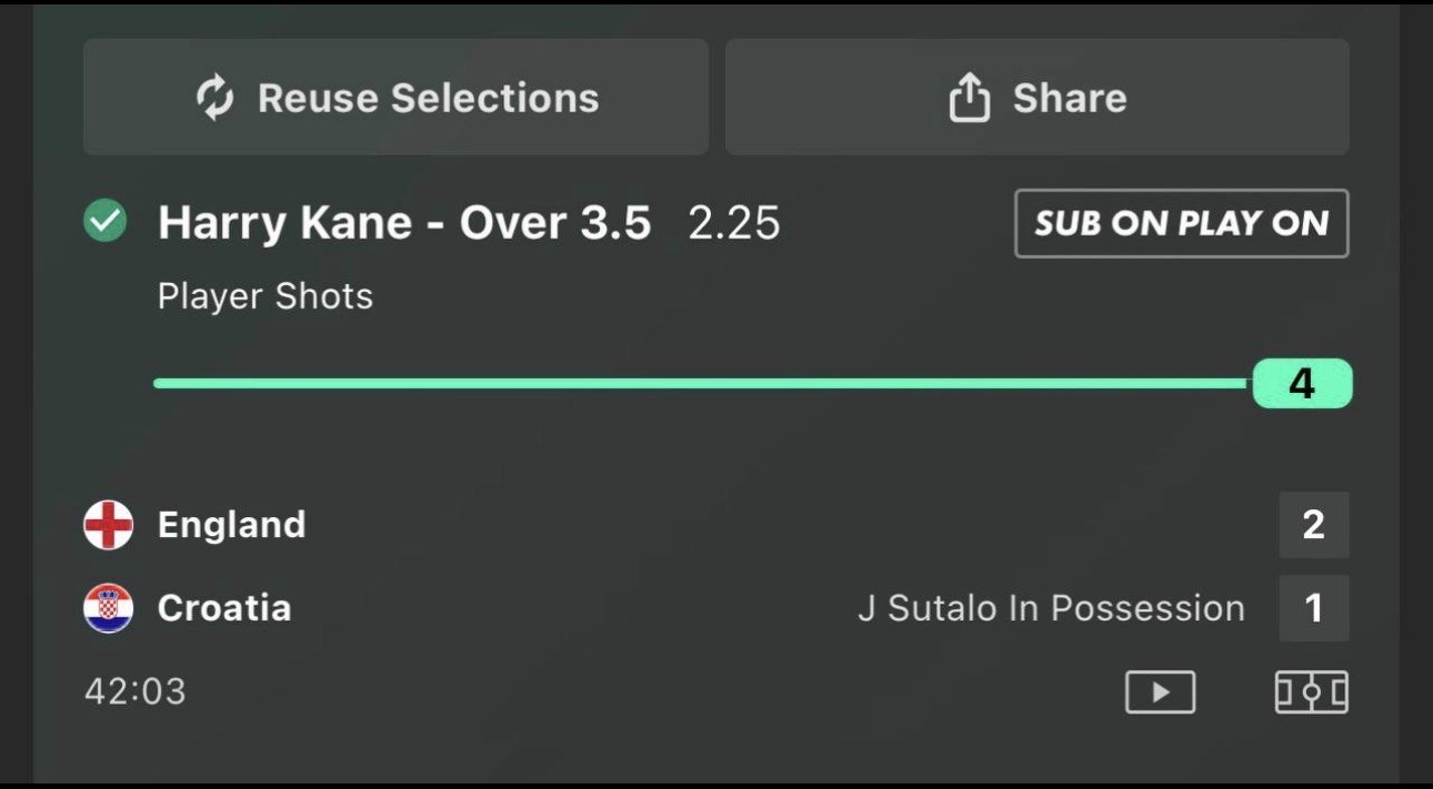 Value bet slip, Harry Kane over 3.5 shots, 2.25 odds