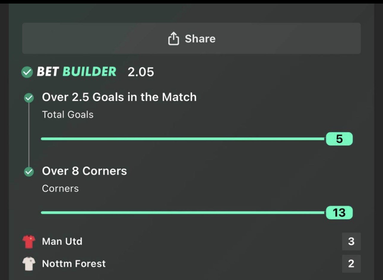 Value bet slip, Man Utd vs Forest over 2.5 goals and over 8 corners, 2.05 odds