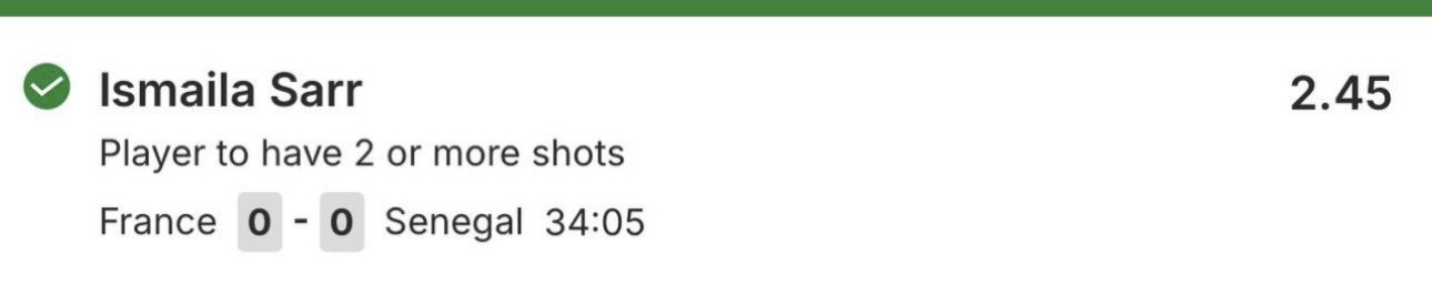 Value bet slip, Ismaila Sarr 2 or more shots, 2.45 odds