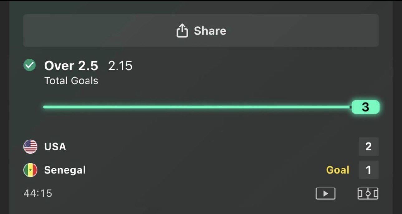 Value bet slip, USA vs Senegal over 2.5 goals, 2.15 odds