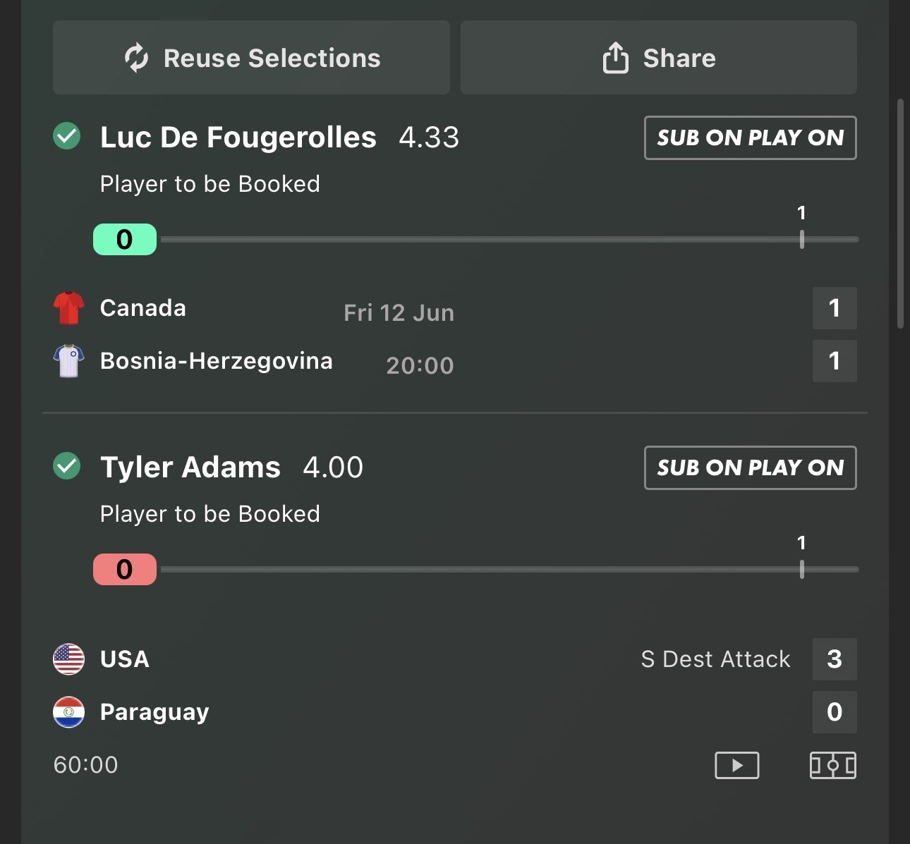 Card double slip, Canada and USA, 17.32 odds, £86.67 returned