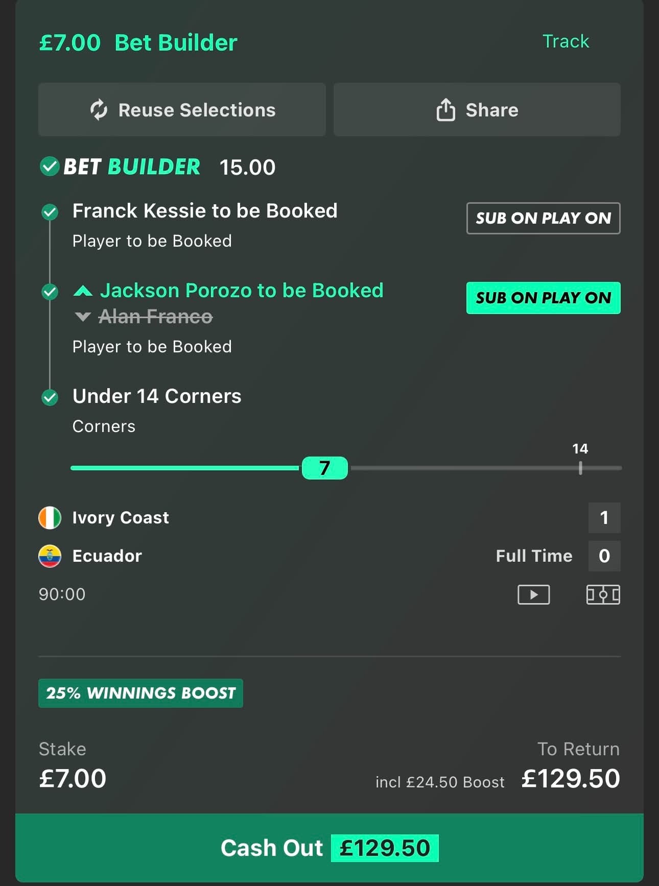 Bet Builder slip, Ivory Coast vs Ecuador, 15.00 odds, £129.50 returned