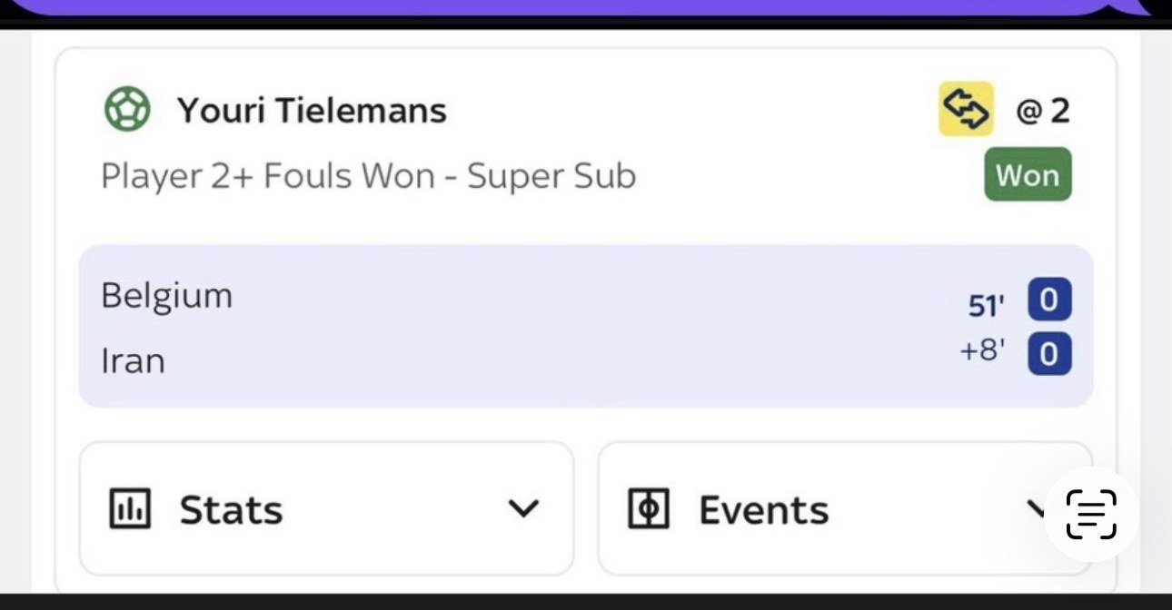 Value bet slip, Youri Tielemans 2 plus fouls won, 2.00 odds, won